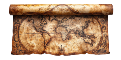 Vintage World Map on Rolled Parchment Background Isolated on transparent background