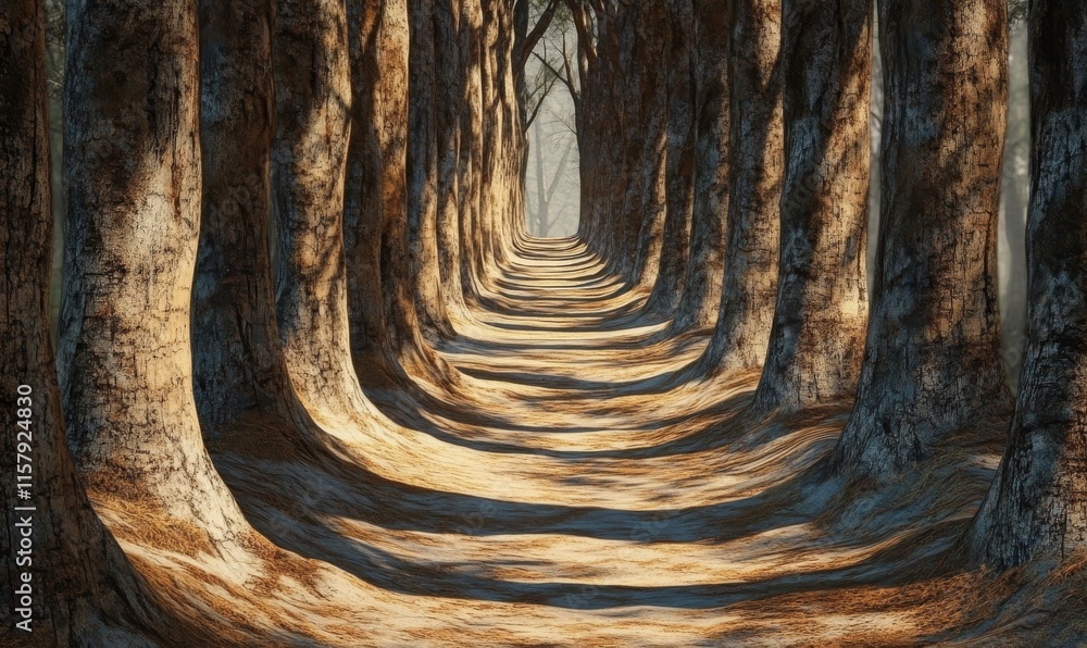 Poster shadowed forest pathway with intricate tree bark textures, dappled light patterns creating a serene 