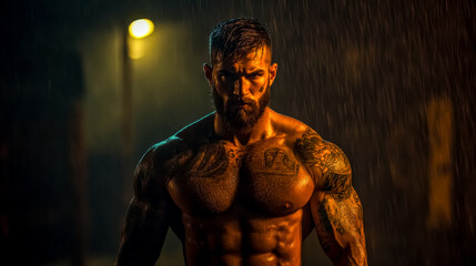 Muscular man with tattoos standing in the rain at night