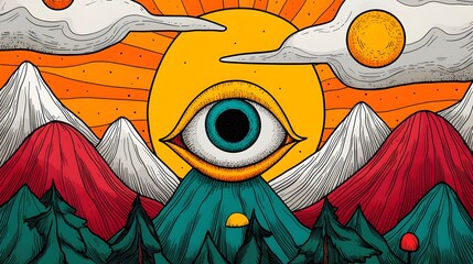 Surreal Landscape with Eye over Mountains and Colorful Sun Rays