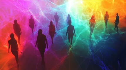 Silhouettes walking through vibrant, colorful nebula.