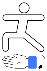 Minimalist outline of a running figure, clapping hand, and musical note. Ideal for celebration, performance, music, dance, achievement appreciation abstract art. Line metaphor