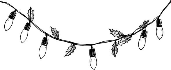 Black and white illustration of Christmas lights with holly leaves.