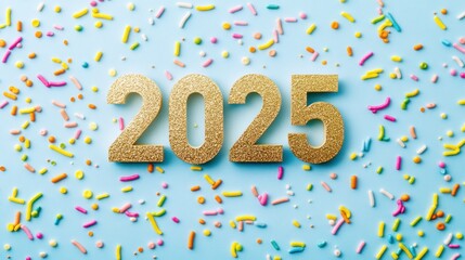 Fototapeta premium Golden 2025 on pastel blue background with sprinkles. (1)