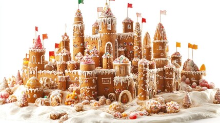 Obraz premium Intricate gingerbread castle city on snowy base with candy decorations.