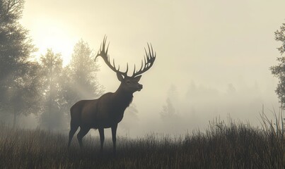 Regal stag standing at the edge of a misty forest, its antlers sharp against the morning sky.