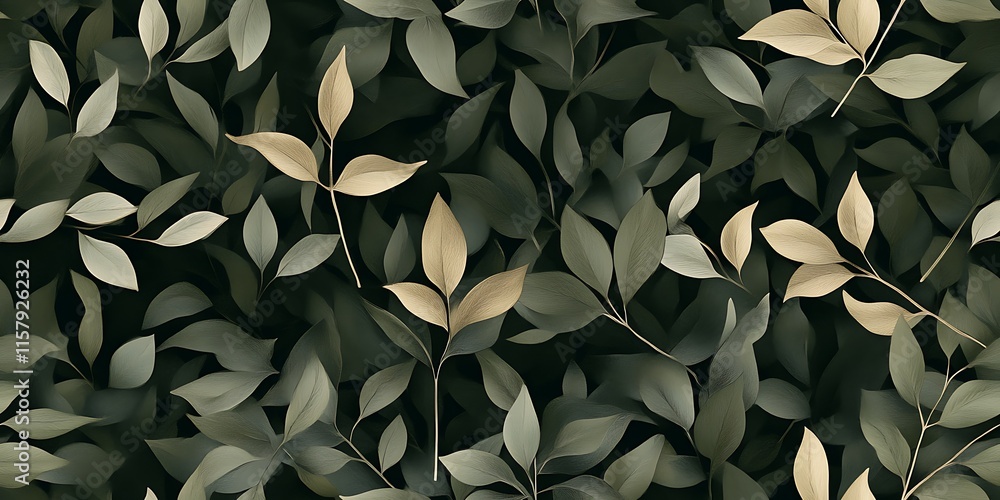 Poster elegant seamless repeat pattern of green and beige leaves on a dark background