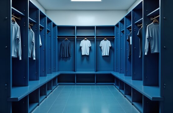 Empty locker room with blue cabinets. Modern design with light, functional storage. Clothes hanging, organized storage. Low angle view emphasizes interior design. Modern sports facilities. Interior