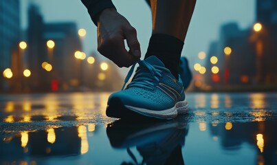 Runner tying their shoelaces before a marathon, close-up on their determined expression and specialized footwear, city race in the early morning,