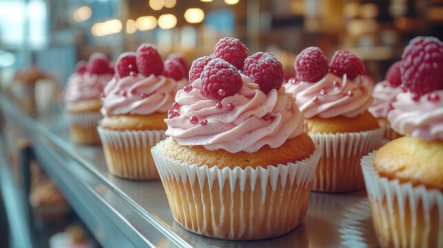 Cupcakes in a Bakery Display Case with Reflections