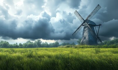 Solitary windmill on a grassy plain, dramatic storm clouds brewing in the distance.