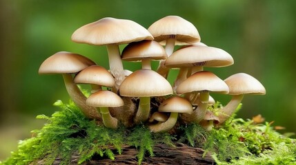 Fototapeta premium Cluster of Mushrooms Thriving on a Mossy Log