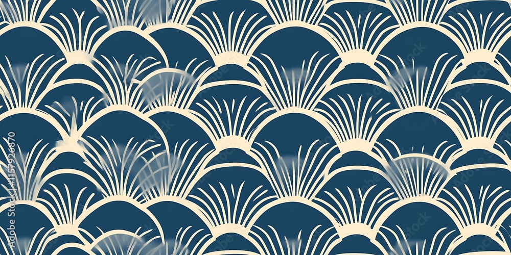 Poster seamless repeat pattern featuring elegant waves and fan shapes in deep blue tones