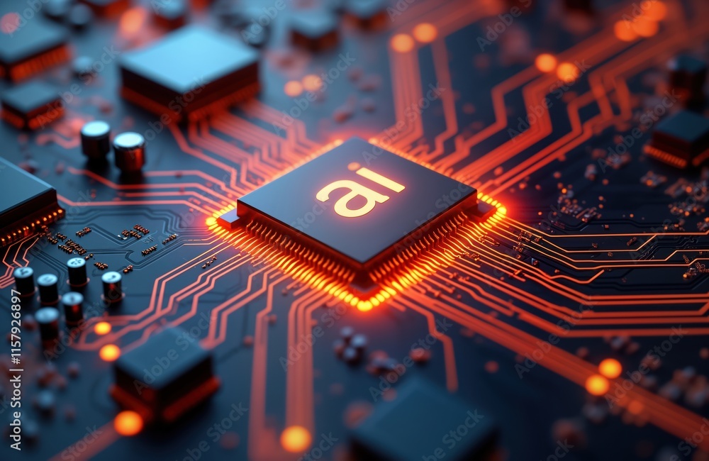 Poster advanced computer motherboard features state-of-the-art ai processor. modern tech design. bright ora