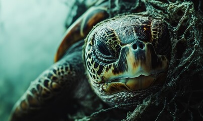 Obraz premium Sea turtle entangled in a plastic net, close-up of its distressed gaze.