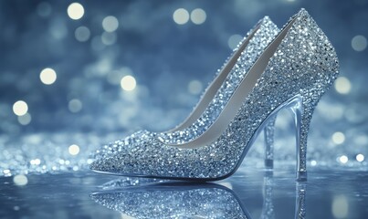 Obraz premium Sparkling silver stilettos with rhinestones, perfect for evening wear, placed on a reflective surface with soft spotlight,