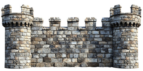 Ancient stone wall with towers and battlements Isolated on transparent background