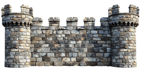 Ancient stone wall with towers and battlements Isolated on transparent background