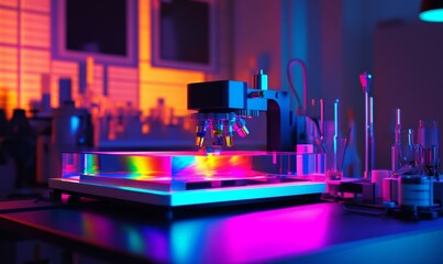 Spectrometer in use, glowing with vibrant light as it analyzes chemical samples in a lab.