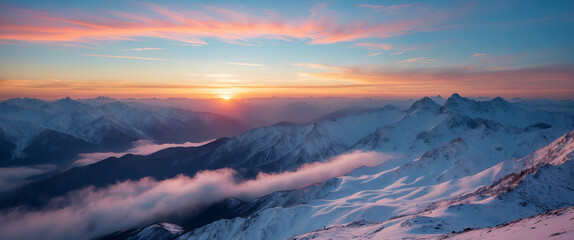 Breathtaking Sunrise Over Snow-Covered Mountain Range

