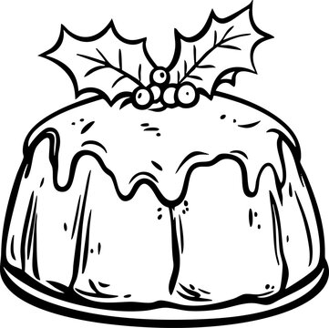 recommend clip art: Black and white illustration of a Christmas pudding with holly decoration.