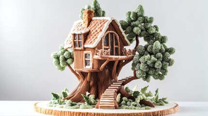 Intricate gingerbread treehouse on wooden base.