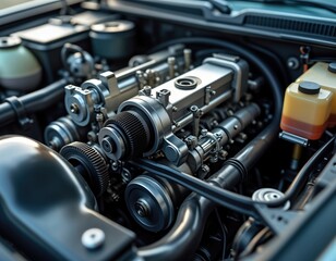 Fototapeta premium Detailed view of car engine parts. Engine components like cylinder, piston, crankshaft, camshaft, timing belt, valves, fuel injectors, spark plugs visible. Engine system shows intricate design,