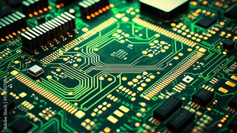 Poster close-up of a green circuit board with microchip and golden traces