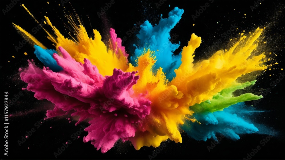Poster vibrant color explosion with dynamic paint splashes on black background