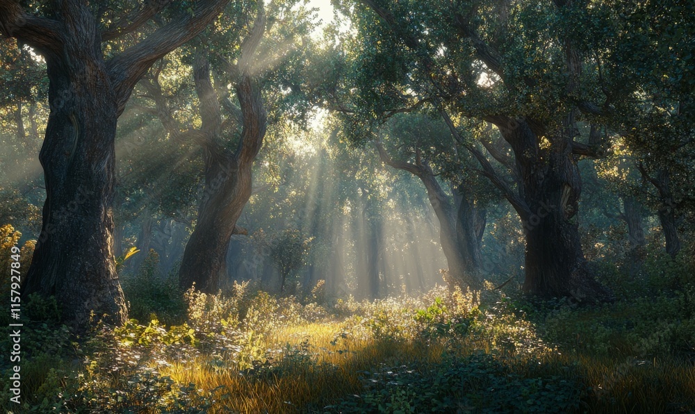 Poster serene forest clearing with ancient trees, sunbeams filtering through dense foliage, creating a drea