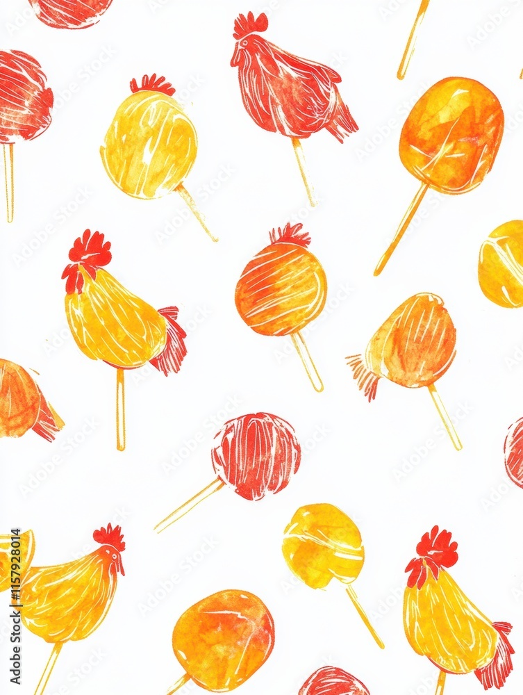 Poster Vibrant rooster shaped lollipops on a white background with ample space for text and design elements. Generative AI