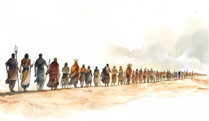 Ancient travelers march towards an oasis across the desert