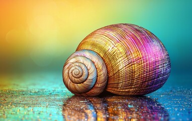 Colorful spiral shell resting on a reflective surface with a vibrant background