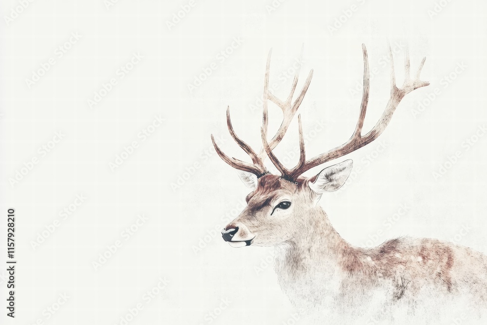 Poster Elegant illustrated deer with branching antlers in a minimalistic design featuring ample copy space for creative use. Generative AI