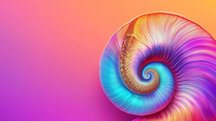 Obraz premium Spiral shell with vibrant color gradient showcases intricate design against a colorful background
