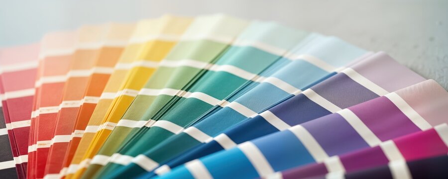 Close-up view of colorful color swatches fan. Designer selecting colors from palette guide. Many color samples display spectrum of hues. Colorful swatches arranged on white concrete background.