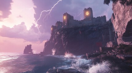 Fototapeta premium Stormy sunset over clifftop castle.