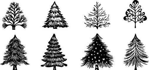 Set of black and white tree silhouettes in various designs.