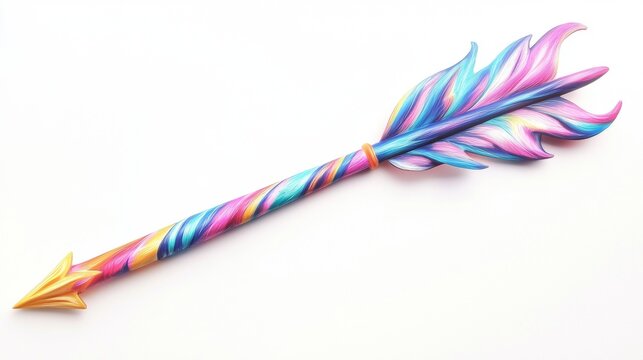 Colorful decorative arrow with intricate feather design lying on a plain surface