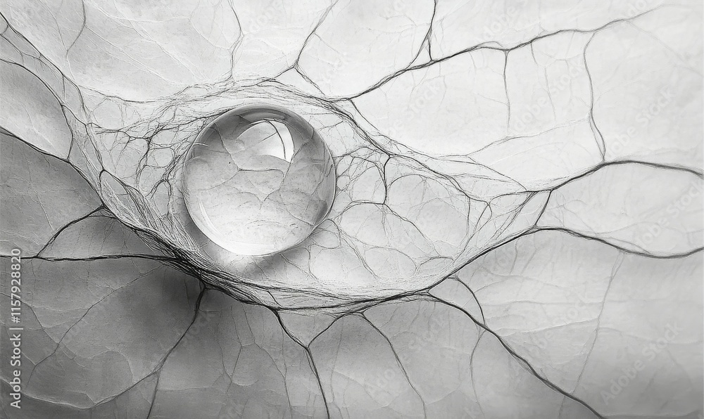 Poster single dewdrop on a smooth leaf, reflecting a delicate web of light and shadow in monochrome eleganc