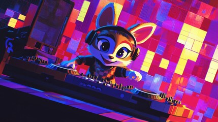Colorful animated DJ character performing at a vibrant music festival with disco lights