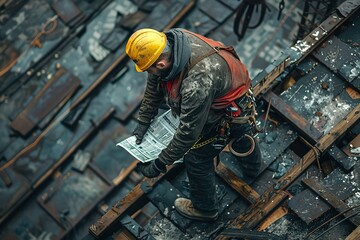 carpenter working on roof structure at construction site
