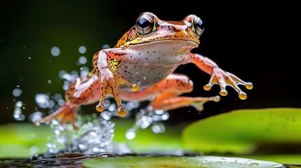 A vibrant frog leaps from a lily pad, splashing water.
