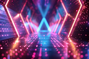 abstract background, triangle portal, glowing dots, screen pixels, neon lights, virtual reality, pink blue spectrum, vibrant colors, laser show, isolated on black, floor reflection