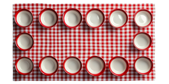 Red and White Checkerboard Table with Bowls Isolated on transparent background