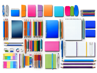 Vibrant Collection of Colorful School and Office Supplies. Transparent Background.