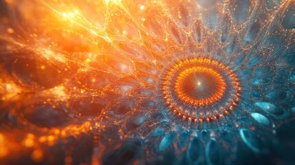 Abstract fractal art with vibrant orange and blue hues, resembling a cosmic eye or mandala.