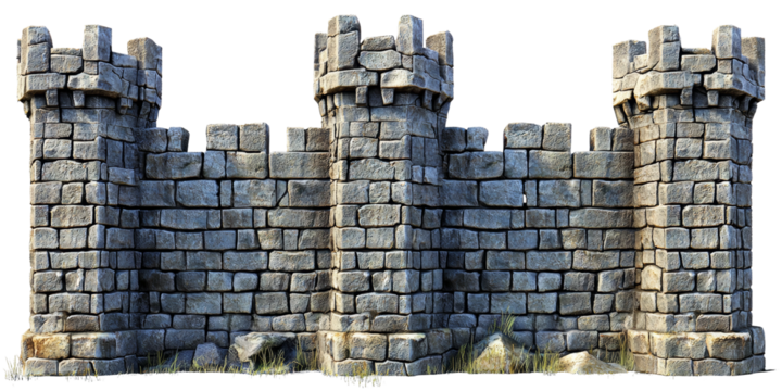 Ancient Stone Castle Wall with Towers Isolated on transparent background