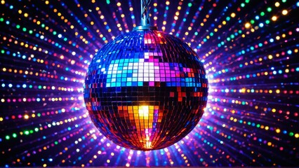 Vibrant disco ball shimmers with multicolored lights in dynamic dance scene