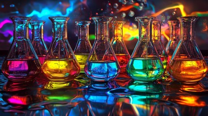 Colorful glass flasks filled with liquids under vibrant lighting at a laboratory setting